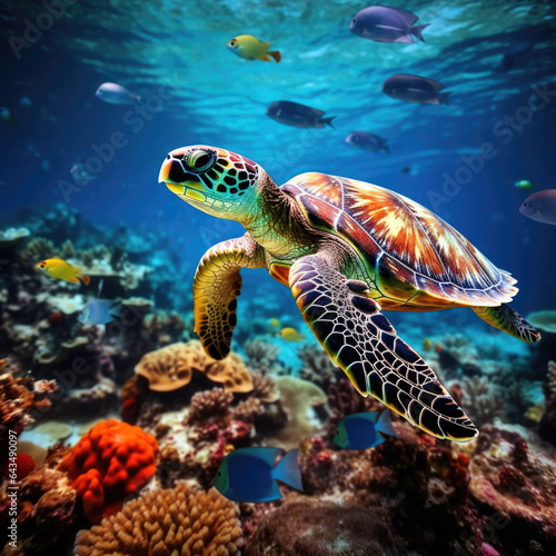 Big sea turtle. Underwater sea turtles. Sea turtle underwater scene. AI Generation