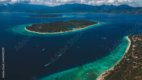 Aerial view from Gili Trawangan Island, Gili Meno and Gili Air islands and its turquoise water - Indonesia