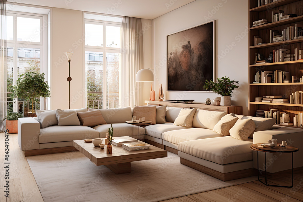 Modern style interior living room warm Scandinavian and cozy with wooden decoration, Cozy beige tone stylish, furniture, comfortable bed, Minimal decor design background. Modern style interior living room warm Scandinavian and cozy with wooden decoration, Cozy beige tone stylish, furniture, comfortable bed, Minimal decor design background.