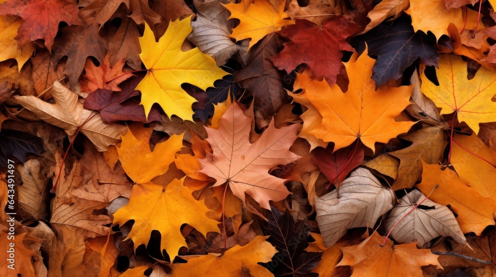 Detailed texture of colorful autumn leaves in a forest Detailed texture of colorful autumn leaves in a forest