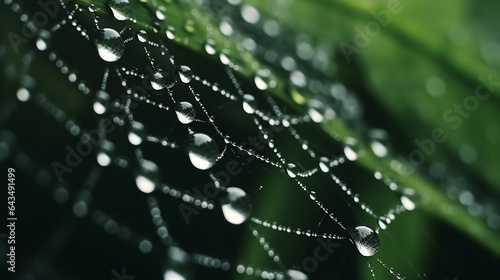 Extreme close-up of a spiderweb covered in morning dew