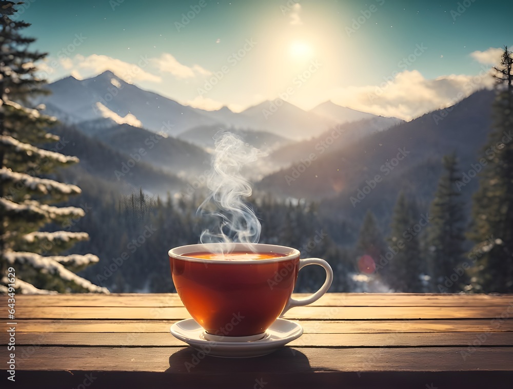 Hot coffee mug on table with high mountain view in the morning. Hot coffee mug on table with high mountain view in the morning.