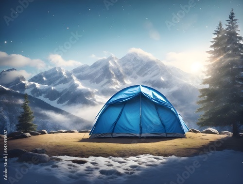 Blue camping tent on the top of mountain.