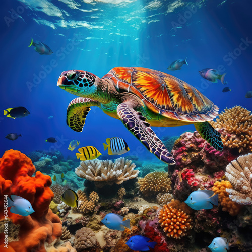 Sea turtle. View of a giant young green turtle swimming in the ocean