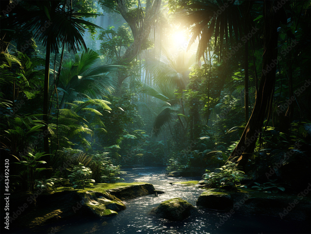 Thick tropical forest with stream and morning sun rays