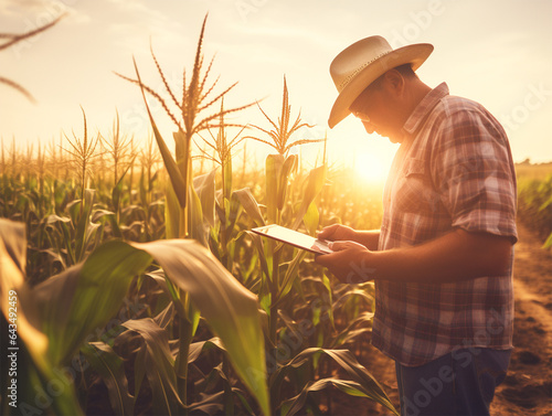 Farmer looking at his digital tablet in a corn field. Digital and smart farming concept. 