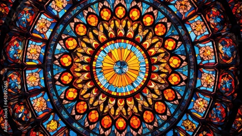 The intricate patterns on a stained glass window