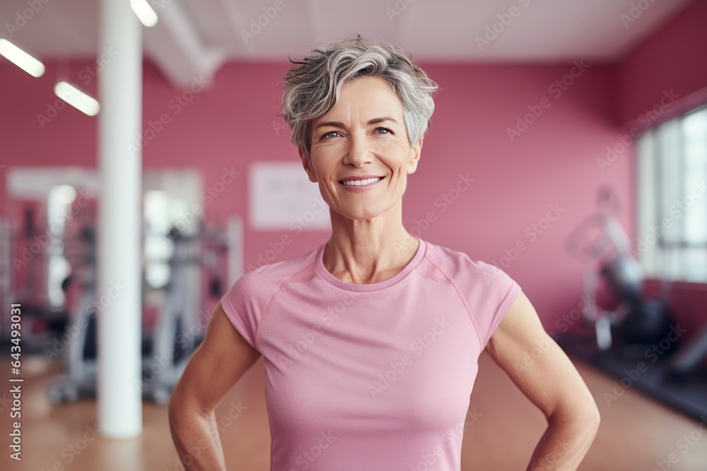 Mature woman standing in a fitness studio. 
