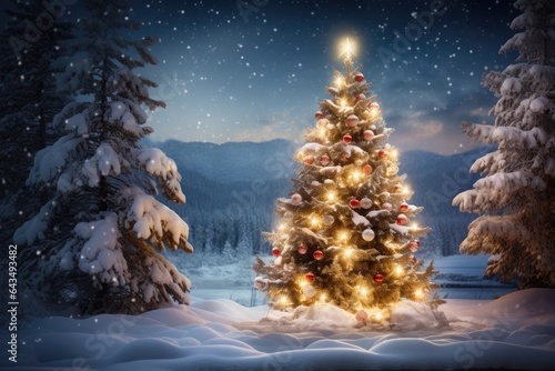Generative ai of Christmas tree decorated with twinkling lights and snow ornaments is falling outside.