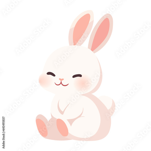 Cute white rabbit sitting with closed eyes. Soft thick coat  fluffy  smiling  pink long ears and paws  blush on cheeks  bunny  pet  animal  beloved  sweet  carton  heart shaped nose