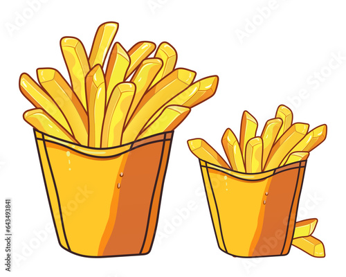 French fries in two yellow cardboard boxes. Deep fried crispy fried potatoes, fast food, street, takeaway, delicious, tasty, fatty, condensation drops on the package. Large and small portion