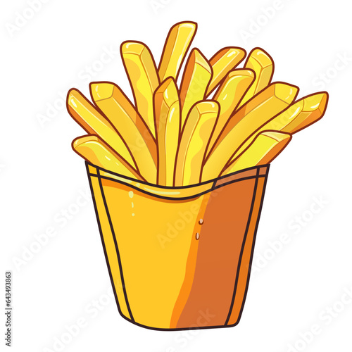 French fries in a yellow cardboard box. Deep fried crispy fried potatoes  large portion  fast food  street  takeaway  delicious  tasty  fatty  condensation drops on the package
