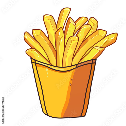 French fries in a yellow cardboard box. Deep fried crispy fried potatoes, large portion, fast food, street, takeaway, delicious, tasty, fatty, condensation drops on the package