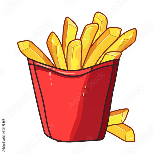 French fries in a red cardboard box. Deep fried crispy fried potatoes, small portion, fast food, street, takeaway, delicious, tasty, fatty, condensation drops on the package