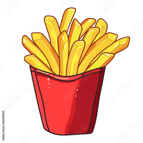 French fries in a red cardboard box. Deep fried crispy fried potatoes, large portion, fast food, street, takeaway, delicious, tasty, fatty, condensation drops on the package