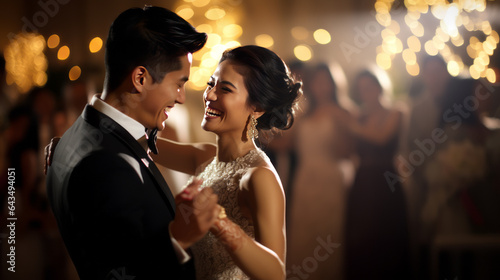 Young attractive Asian couple, man wearing black suit, woman wearing white wedding gown standing looking at each other. Beautiful Asian wedding couple laugh in dance, fancy golden tones,