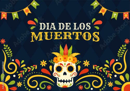 Dia de Los Muertos Vector Illustration with Day of the Dead, Play Music, Skeleton in Mexican Costumes and Sombrero in Flat Cartoon Background