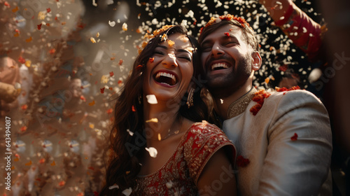 Beautiful Indian wedding couple laugh in dance, confetti falling, fancy golden tones,