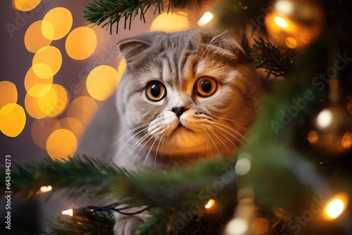 Generative ai of Playful Scottish Fold cat is paying attention to the Christmas tree in a cozy home on Christmas Day.