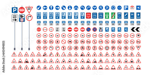 Traffic signs collection. Signs of danger, mandatory, obligations, animal crossing and alerts. Supplementary and routing table. Temporary traffic signs. Vector.