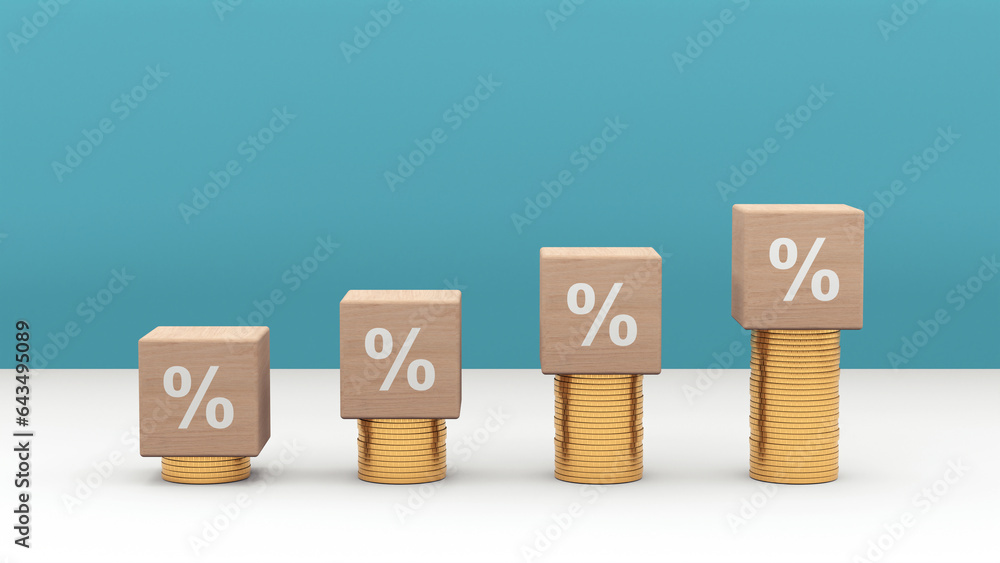 Growing Interest Rate Concept with Wooden Block increasing up with gold ...