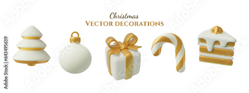 White and gold Christmas 3d icons set. Minimal toy three dimensional New Year and winter decorations