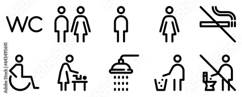 Toilet line icon set. WC sign. Man, woman, shower, mother with baby, handicap symbol. Restroom for male, female, disabled pictograms. No smoking, do not throw trash in toilet bowl. Vector graphics