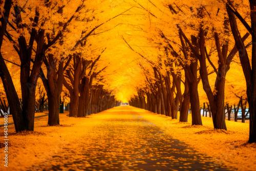 Foto Beautiful alley in a park with yellow trees and sunlight