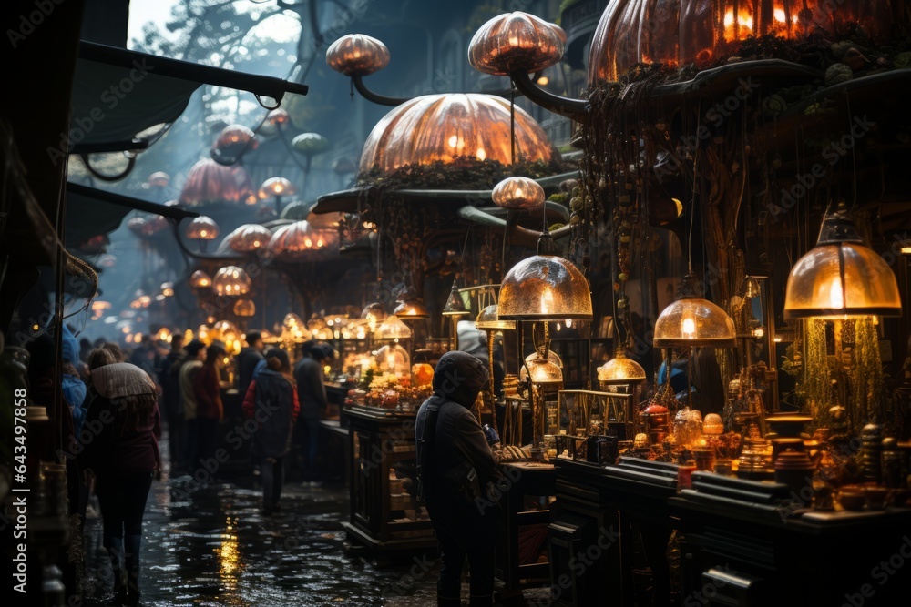 Bustling Alien Marketplace With Creatures, Generative AI Bustling Alien Marketplace With Creatures, Generative AI