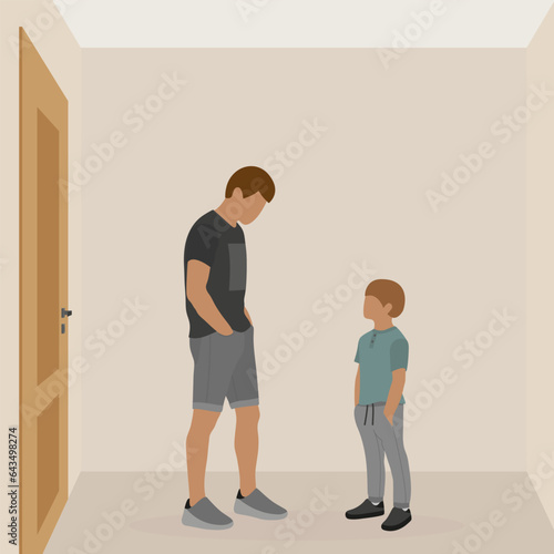 Male character and boy in an empty room