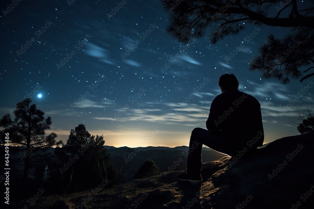 a man sitting on a rock and looking into the night starry sky, there is a telescope nearby. The concept of astrology and astronomy. - obrazy, fototapety, plakaty 
