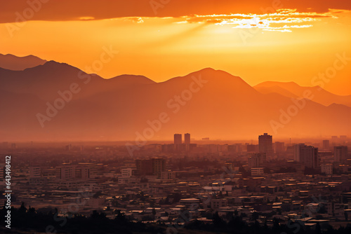 Dark silhouette of Eastern city against the background of mountains at sunset. 