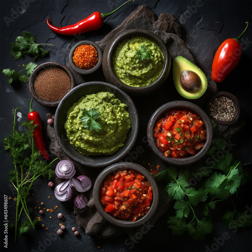 Top-down shot of Mexican salsas and guacamole served in stone molcajetes, isolated for a striking presentation photo