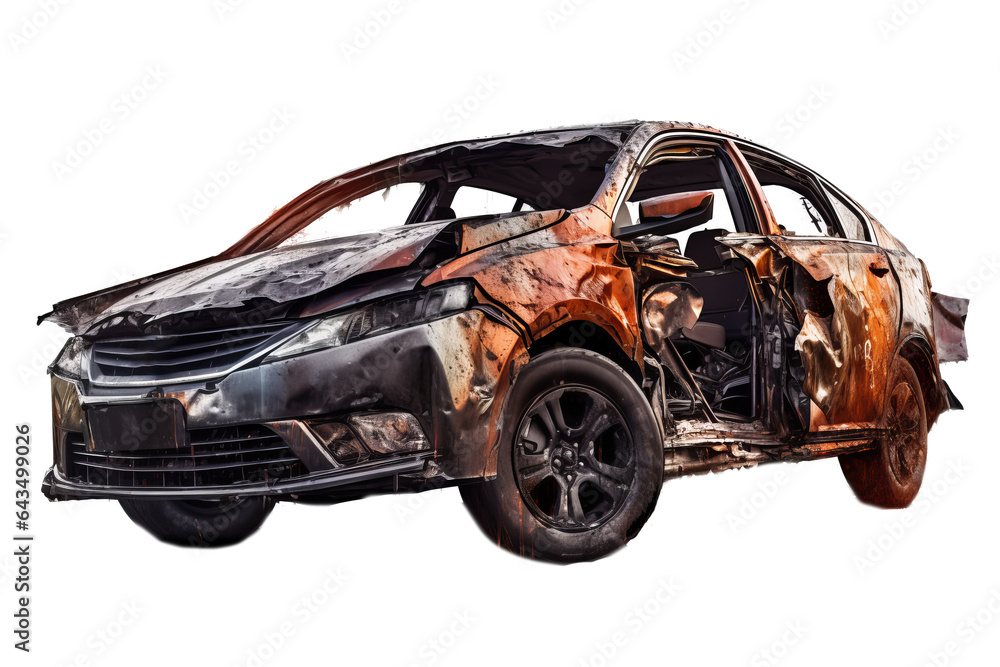 Damaged car with broken windshield and dented hood isolated on transparent background - obrazy, fototapety, plakaty 