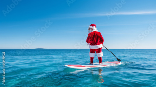 Santa Claus standing on a stand-up paddle board in the middle of the sea. Surreal funny season greetings concept. Generative AI. Copy space © Miss V