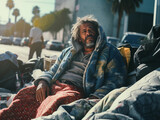 Portrait of homeless man at street walkway.
