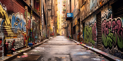 ally way path in urban city full of graffiti messy doodle art on wall - Generative AI photo