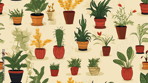 Generative AI, seamless pattern with house plants in pots, tile, background, wallpaper, floral illustration, botanical decor, design, postcard, print, garden, cozy home