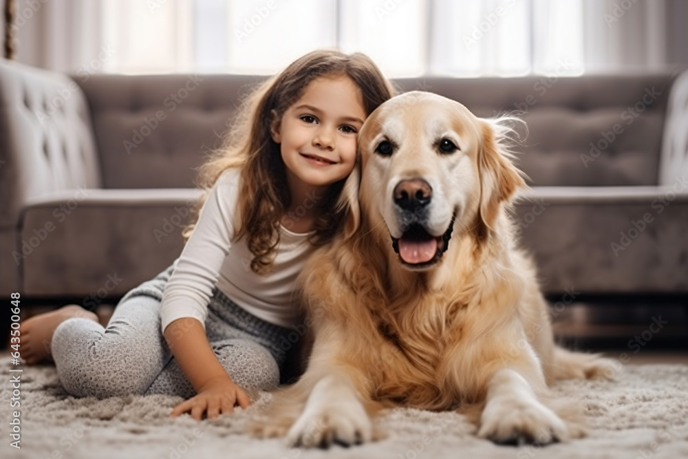 Girl, dog and hug together on floor in living room and golden retriever, kid and relaxing with pet on lounge carpet - Generative AI Girl, dog and hug together on floor in living room and golden retriever, kid and relaxing with pet on lounge carpet - Generative AI