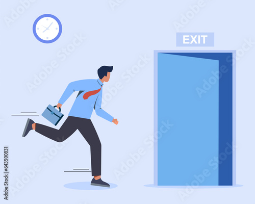 Employee run away office running to exit door end job time vector illustraation
