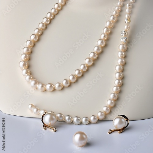Elegant Pearl Necklace and Earrings Set Displayed on a Neutral Background Ideal for Luxury Jewelry Branding and Fashion Design