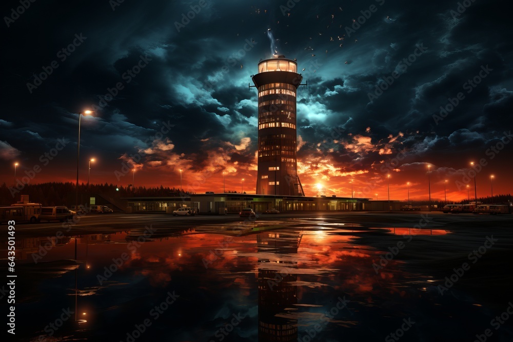 Obraz premium Control Tower Illuminated Against The Sunset, Generative AI