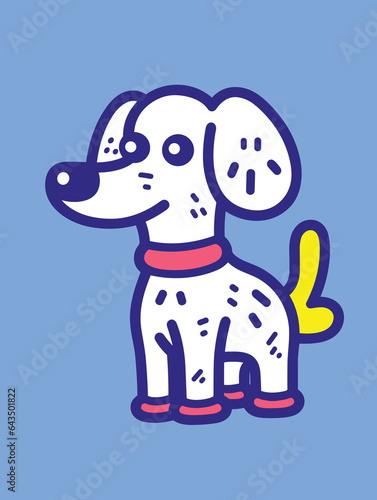 A funny-looking dog with a pink collar and pink feet  yellow tail  and dark blue outline.