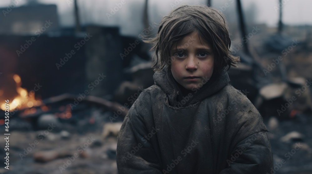 Hungry starving poor little child looking at the camera in the midst of war ruins Hungry starving poor little child looking at the camera in the midst of war ruins