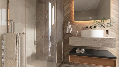 Luxury beige bathroom with tempered glass curved shower room enclosure at corner, vanity counter, washbasin and herringbone wall, floor tile in sunlight. Interior design decoration background 3D