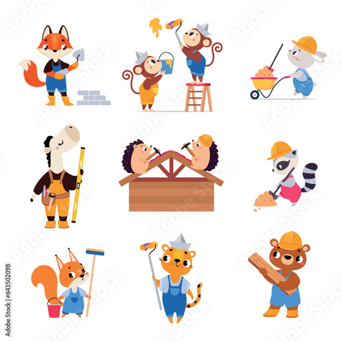 Funny Animal Builder Characters Working in Helmet Vector Set