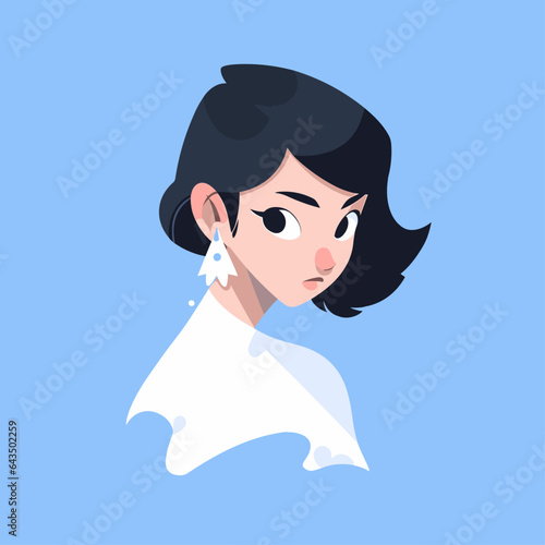 A simple character illustration. Close-up of a glamorous girl. Blue background. 