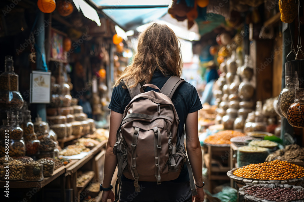 Backpacker Exploring A Bustling Local Market, Generative AI
