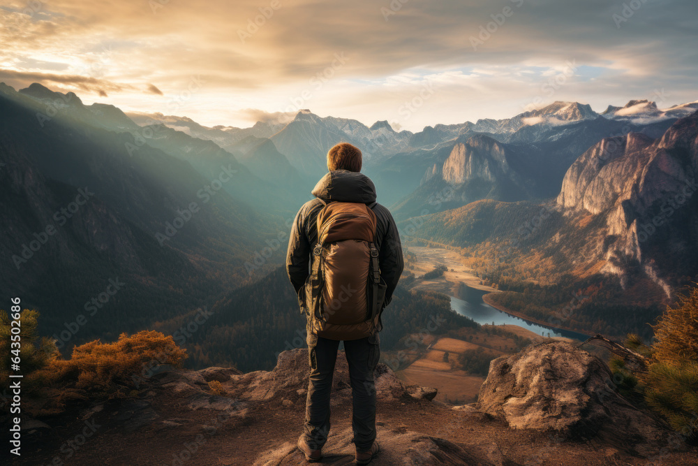Backpacker Gazing At A Stunning Mountain Range, Generative AI 