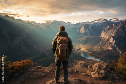Backpacker Gazing At A Stunning Mountain Range, Generative AI  © Shooting Star Std